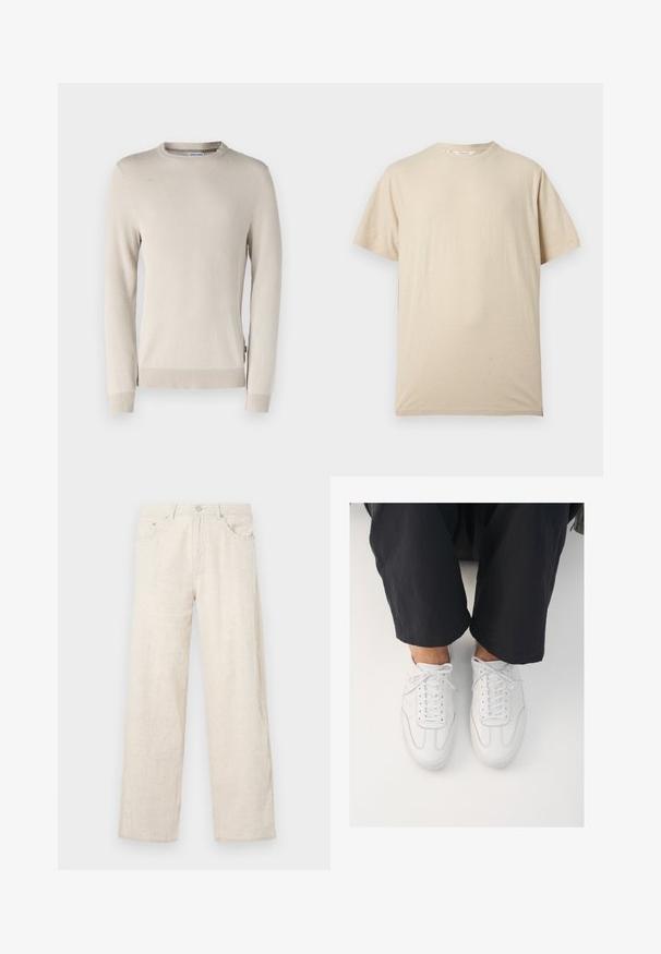 Beige striktrøje med et struktureret mønster, rund halsudskæring og ribbede manchetter og kant. Fremstillet af blødt, åndbart materiale.; Beige kortærmet T-shirt med rund hals og ensfarvet design, vist mod en lys baggrund.; Beige vide ben bukser lavet af tekstureret stof, med knaplukning, bæltestropper og klassisk lommeindretning.; Hvide lædersneakers med en glat overflade, rund tå og klassisk snøresystem, placeret over mørke, løse bukser.