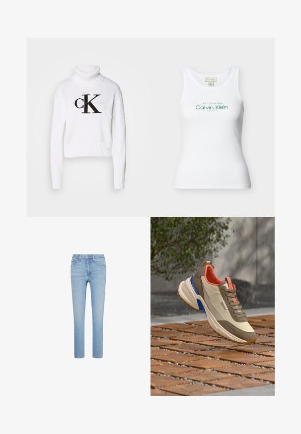 Hvid turtleneck sweater lavet af strikket stof. Har et cropped design, ribbede manchetter og kant, med et sort "CK" logo foran.; Hvid ribbet, ærmeløs Calvin Klein tanktop med grøn tekst "New York City Calvin Klein Established 1968" på forsiden.; Lyseblå denimjeans, lige snit, fem-lommer stil, med forreste knap- og lynlås lukning, med subtile falmninger og syningsdetaljer.; Beige og taupe sneakers med koralfarvet foring og blå accenter, svævende over brune firkantede fliser med små sten i udendørs miljø.