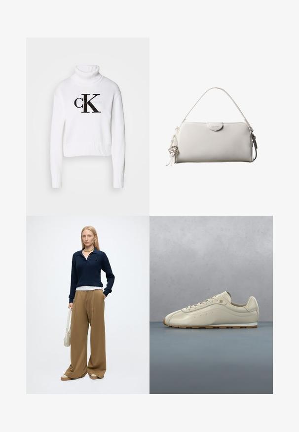 Witte coltrui van gebreide stof. Heeft een cropped ontwerp, ribbelmanchetten en -zoom, met een zwart "CK" logo aan de voorkant.; Vrouw met steil blond haar, gekleed in een marineblauwe trui, brede beige broek, beige schoenen, gouden sieraden en houdt een witte handtas vast met één hand in haar zak.; Beige lederen sneaker met veters en een klein goudkleurig logo, zwevend boven een patroon van hout en grind buiten.; Witte rechthoekige Calvin Klein handtas met enkele handgreep, minimalistisch ontwerp en decoratieve kwastjes met geometrische metalen hanger aan de zijkant.
