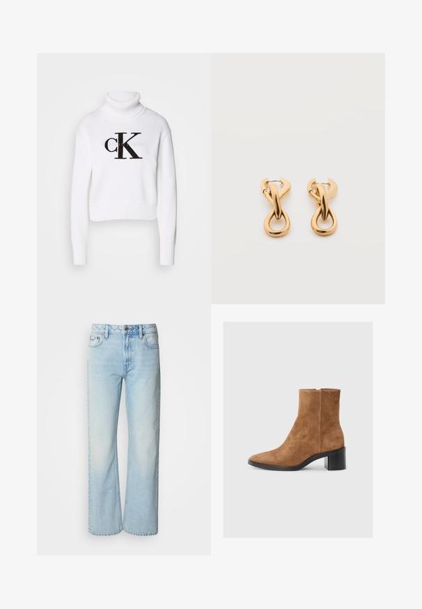 Hvid turtleneck sweater lavet af strikket stof. Har et cropped design, ribbede manchetter og kant, med et sort "CK" logo foran.; Lyseblå brede jeans lavet af denim med et klassisk fem-lomme design og en subtil falmet tekstur. Denim-syninger er synlige.; Brun ruskind ankelstøvle med spids tå, mid-block hæl og subtil præget logo-detalje. Lynlås lukning langs siden.; Par af skinnende guldfarvede hoop-øreringe med snoet, flettet design på en enkel hvid baggrund.