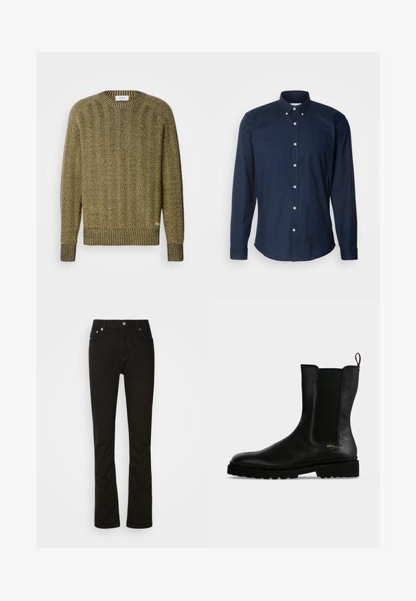 Groene en gele herringbone gebreide trui met een geribde ronde hals en manchetten, voorzien van een gestructureerd geweven patroon over het geheel.; Navyblauw overhemd met lange mouwen, met een button-down kraag, knopen aan de voorkant en een afgeronde zoom. Gemaakt van een gladde katoenen stof.; Zwarte denim jeans met een recht model, voorzien van voorzakken, een rits en zilveren hardware accenten. Soepele textuur, zonder patronen.; Zwarte leren enkellaars met elastisch zijpaneel, dikke zool en treklus aan de achterkant, met een klein gouden "Hugo" logo vlak bij de hiel.