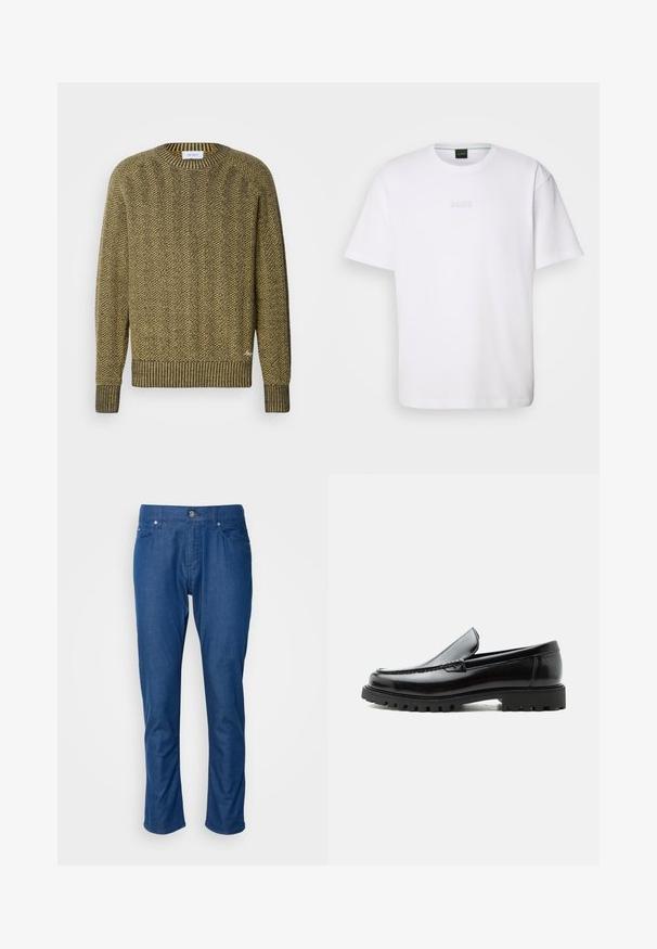 Suéter de punto en espiga verde y amarillo con cuello y puños de canalé, que presenta un patrón texturizado tejido en toda su extensión.; Camiseta de algodón blanca de manga corta, con escote redondo y logotipo grabado de "BOSS" en el pecho. Textura suave, ajuste estándar.; Pantalones de mezclilla azul con diseño de pierna recta, bolsillos frontales y cierre de botón simple. Textura suave con un mínimo de detalles.; Mocasín de cuero negro con suela de goma gruesa, empeine cosido y nombre de la marca en relieve en el talón, mostrado en perfil lateral sobre fondo blanco.