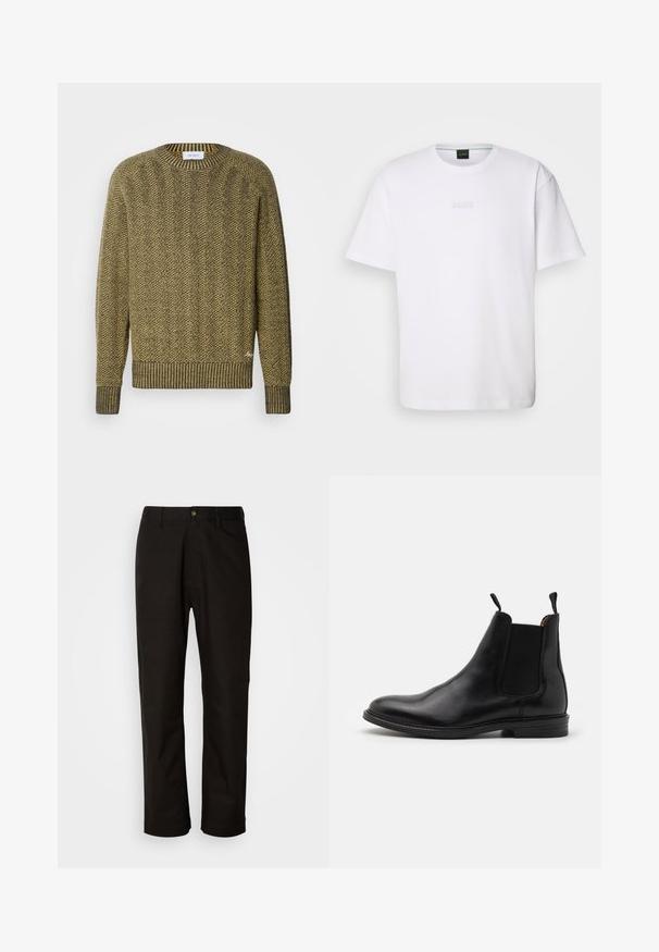 Grøn og gul herringbone striktrøje med ribbet rund hals og manchetter, der har et struktureret vævet mønster over hele trøjen.; Hvid bomulds T-shirt med korte ærmer, rund halsudskæring og præget "BOSS" logo på brystet. Glat tekstur, standard pasform.; Sorte bomuldsbukser med lige pasform, bæltestropper, lynlås foran og en enkelt knappelukning. Glat tekstur uden synlige mønstre.; Sort læder Chelsea-støvle med elastiske sidepaneler, rund tå, trækflapper og en lav stablet hæl. Glat tekstur og klassisk design.