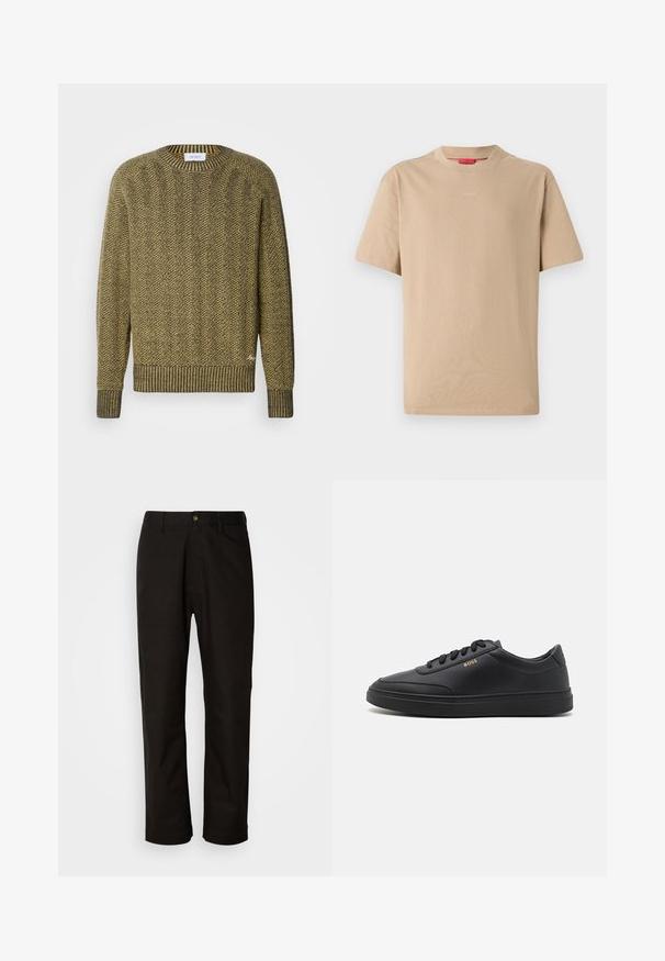 Groene en gele herringbone gebreide trui met een geribde ronde hals en manchetten, voorzien van een gestructureerd geweven patroon over het geheel.; Beige katoenen T-shirt met korte mouwen, ronde hals en subtiele "HUGO"-logo in het midden. Glad textuur, ontspannen pasvorm.; Zwarte katoenen broek met een rechte snit, riemlussen, een ritssluiting aan de voorkant en een enkele knoopsluiting. Soepele textuur zonder zichtbare patronen.; Zwarte leren sneakers met een gladde textuur, ronde neus, platte rubberen zool en tonale veters. Kenmerkt zich door de gouden "BOSS" branding aan de zijkant.