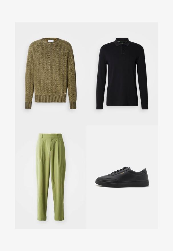 Suéter de punto en espiga verde y amarillo con cuello y puños de canalé, que presenta un patrón texturizado tejido en toda su extensión.; Polo negro de manga larga hecho de tela suave. Cuenta con un cuello, una tapeta con tres botones y un sutil logo en el pecho.; Pantalones verdes claros hechos de una tela texturizada, con una forma recta, pliegues en la parte frontal y una cinturilla estándar.; Zapatillas de cuero negro con una textura suave, punta redondeada, suela plana de goma y cordones a tono. Presentan el logotipo dorado "BOSS" en el lateral.