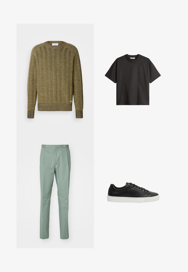 Grüner und gelber Fischgrät-Strickpullover mit geripptem Rundhals- und Bündchen, der ein strukturiertes gewebtes Muster hat.; Schwarzes T-Shirt mit kurzen Ärmeln und Rundhalsausschnitt, in entspannter Passform, flach auf weißem Hintergrund dargestellt.; Hellgrüne Hose mit schnurgeradem Schnitt, flachem Bund, zwei seitlichen Taschen und einer glatten Stoffoberfläche. Keine sichtbaren Muster oder Beschläge.; Schwarze Leder-Sneaker mit glatter Textur, abgerundeter Zehenpartie und weißer Gummisohle. Mit Schnürdesign und minimalistischen Akzenten.