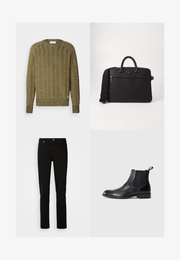 Pull en mailles chevrons vert et jaune avec un col rond et des poignets côtelés, présentant un motif tissé texturé sur l'ensemble.; Jeans noirs à jambe droite avec fermeture devant par bouton et fermeture éclair, poches avant et arrière, présentés sur un fond clair uni.; Bottine en cuir noir avec des panneaux latéraux élastiques, bout rond et tirette. Texture lisse, semelle plate, design minimaliste.; Sac en cuir noir avec une texture lisse, deux poignées supérieures et une bandoulière amovible. Il dispose d'une poche avant zippée et de détails de logo.