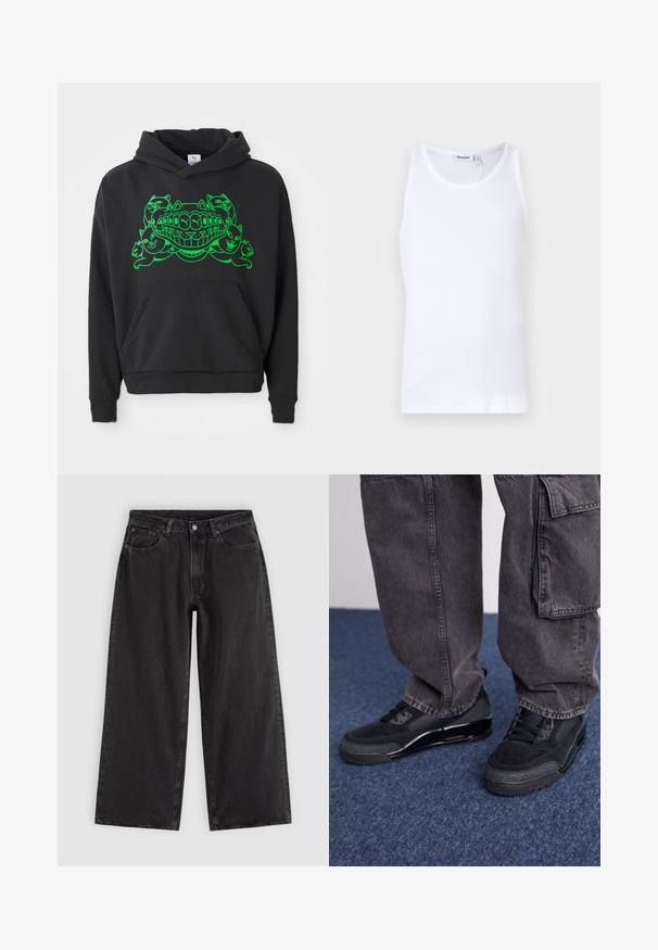 Sort hoodie med et grønt grafikdesign, der har styliserede katte og en smilende mund; inkluderer en front kangaroo-lomme og ribbede manchetter.; Hvid bomulds tanktop med rund hals og brede stropper. Glat tekstur, ingen mønstre, enkelt design og mærkeetiket på halsudskæringen.; Sorte denim jeans med vide ben, forlommer, bæltestropper og knaplukning, vist på en ensfarvet lys baggrund.; Sorte sportsko med en struktureret overflade, glatte detaljer og en kraftig sål, der er parret med mørke, løstsiddende cargo-bukser.