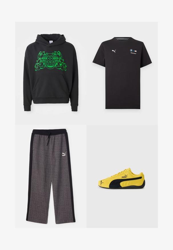 Zwarte hoodie met een groene grafische afbeelding van gestileerde katten en een lachende mond; bevat een voorste kangoeroe-pocket en ribgebreide boorden.; Zwart T-shirt met korte mouwen, met Puma-logo op de linkerborst en BMW Motorsport-logo op de rechterborst.; Puma RELAXED TRACK PANTS - Trainingsbroek - black/alpine snow; Geel suède sneaker met zwarte suède accenten. Voorzien van een gestructureerde zool, vetersluiting en het Puma-logo aan de zijkant en op de tong.