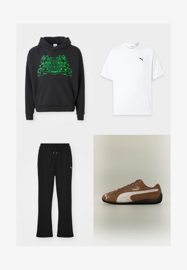 Zwarte hoodie met een groene grafische afbeelding van gestileerde katten en een lachende mond; bevat een voorste kangoeroe-pocket en ribgebreide boorden.; Witte T-shirt met korte mouwen en ronde hals met een klein zwart Puma-logo op de linkerborst tegen een lichte achtergrond.; Zwarte sweatpants met elastische tailleband en trekkoord, voorzien van zijzakken en een subtiele logo op het linkerpand. Zacht materiaal, uitlopende pasvorm.; Bruine suède sneaker met witte accenten en een gestructureerd ontwerp. Heeft een zwarte rubberen zool en een opvallend Puma-logo aan de zijkant.