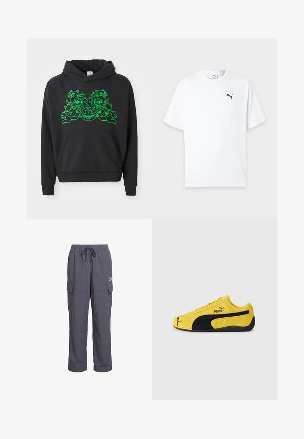 Schwarzer Hoodie mit grünem Grafikdesign, das stilisierte Katzen und einen lächelnden Mund zeigt; enthält eine Front-Kängurutasche und gerippte Bündchen.; Weißes T-Shirt mit kurzen Ärmeln und Rundhalsausschnitt mit kleinem schwarzem Puma-Logo auf der linken Brust vor hellem Hintergrund.; Dunkelgraue, weit geschnittene Cargohose mit elastischem Bund, Kordelzug und Klappentaschen an den Seiten, mit Puma-Logo am rechten Oberschenkel.; Gelbe Wildledersneaker mit schwarzen Wildlederelementen. Verfügt über eine strukturierte Sohle, ein Schnürdesign und das Puma-Logo an der Seite und auf der Zunge.