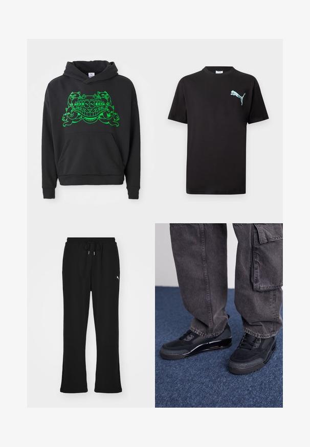 Schwarzer Hoodie mit grünem Grafikdesign, das stilisierte Katzen und einen lächelnden Mund zeigt; enthält eine Front-Kängurutasche und gerippte Bündchen.; Schwarzes kurzärmliges T-Shirt mit kleinem hellblauem Puma-Logo auf der linken Brust vor weißem Hintergrund.; Schwarze Jogginghosen mit elastischem Bund und Kordelzug, ausgestattet mit Seitentaschen und einem dezenten Logo am linken Bein. Weicher Stoff, schmal zulaufende Form.; Schwarze Sportschuhe mit einer strukturierten Oberfläche, glatten Akzenten und einer chunky Sohle, kombiniert mit dunklen, lässig sitzenden Cargo-Hosen.