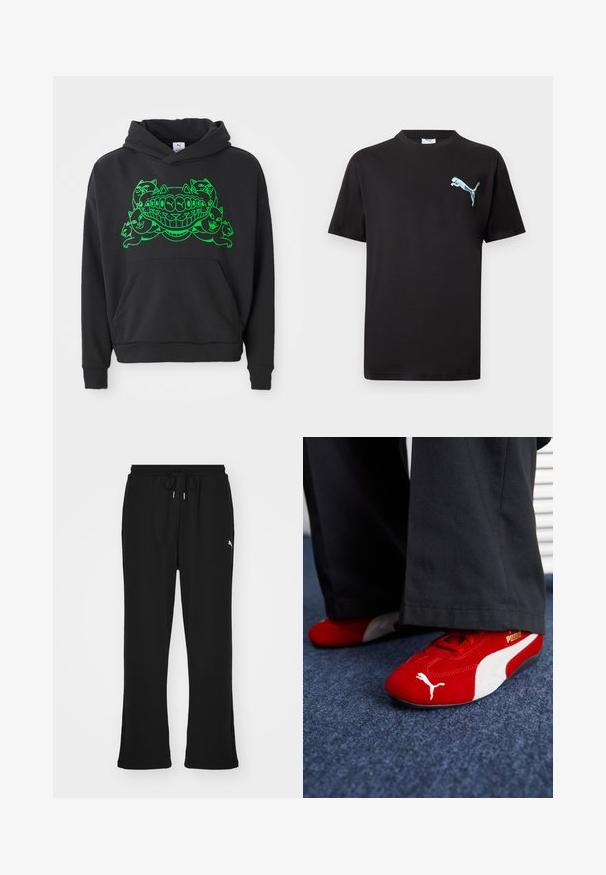 Sort hoodie med et grønt grafikdesign, der har styliserede katte og en smilende mund; inkluderer en front kangaroo-lomme og ribbede manchetter.; Sort T-shirt med korte ærmer og lille lyseblåt Puma-logo på venstre bryst mod hvid baggrund.; Sorte sweatpants med elastisk talje og snor, med sidelommer og et diskret logo på venstre ben. Blødt stof, flagrende form.; Røde ruskindsnikers med hvide accenter, der har struktureret materiale, rund tå og et guld logo på siden, båret med sorte bukser.