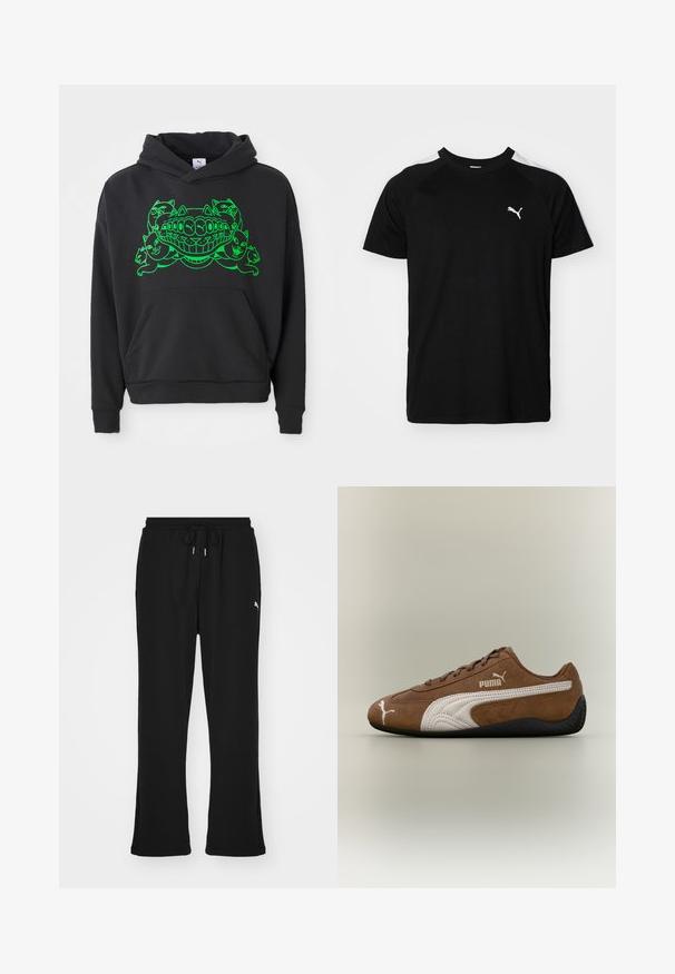 Zwarte hoodie met een groene grafische afbeelding van gestileerde katten en een lachende mond; bevat een voorste kangoeroe-pocket en ribgebreide boorden.; Zwarte t-shirt met korte mouwen, voorzien van witte accenten op de schouders, een ronde halslijn en een klein wit logo op de linkerborst. Zacht materiaal, klassieke pasvorm.; Zwarte sweatpants met elastische tailleband en trekkoord, voorzien van zijzakken en een subtiele logo op het linkerpand. Zacht materiaal, uitlopende pasvorm.; Bruine suède sneaker met witte accenten en een gestructureerd ontwerp. Heeft een zwarte rubberen zool en een opvallend Puma-logo aan de zijkant.