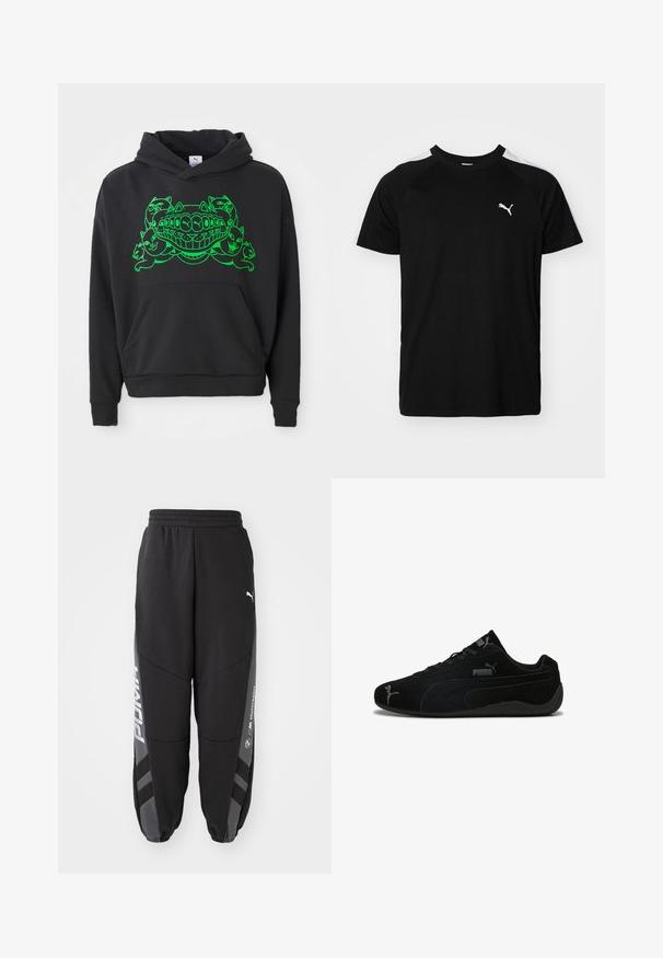Sort hoodie med et grønt grafikdesign, der har styliserede katte og en smilende mund; inkluderer en front kangaroo-lomme og ribbede manchetter.; Sort kortærmet t-shirt med hvide accentstriber på skuldrene, rund halsudskæring og lille hvidt logo på venstre bryst. Blødt stof, klassisk pasform.; Sorte joggebukser lavet af blødt materiale. Har elastisk talje, tapered ben, grå detaljer og hvide logoer på siderne.; Sorte ruskindssportssko med lav profil. Har et struktureret design, sort gummisål og sølv Puma-logo akcenter.