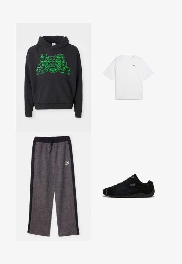 Zwarte hoodie met een groene grafische afbeelding van gestileerde katten en een lachende mond; bevat een voorste kangoeroe-pocket en ribgebreide boorden.; Witte katoenen t-shirt met korte mouwen, ronde halslijn en een klein zwart Puma-logo op de linkerborst. Vlotte textuur.; Puma RELAXED TRACK PANTS - Trainingsbroek - black/alpine snow; Zwarte suède sportschoenen met een laag profiel. Voorzien van een gestructureerd ontwerp, zwarte rubberen zool en zilveren Puma-logo accenten.