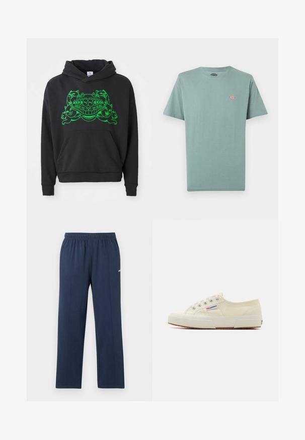 Zwarte hoodie met een groene grafische afbeelding van gestileerde katten en een lachende mond; bevat een voorste kangoeroe-pocket en ribgebreide boorden.; Effen gedempt groen T-shirt met korte mouwen en ronde hals, met een klein meerkleurig Dickies-logo op de linkerborst.; Navyblauwe sweatpants met rechte pijpen, een elastische tailleband en subtiele verticale naden, met een klein wit logo op het bovenbeen.; Beige canvas sneaker met een laag profiel, metalen oogjes en rubberen zool. Beschikt over een textuurpatroon en logodetail aan de zijkant.