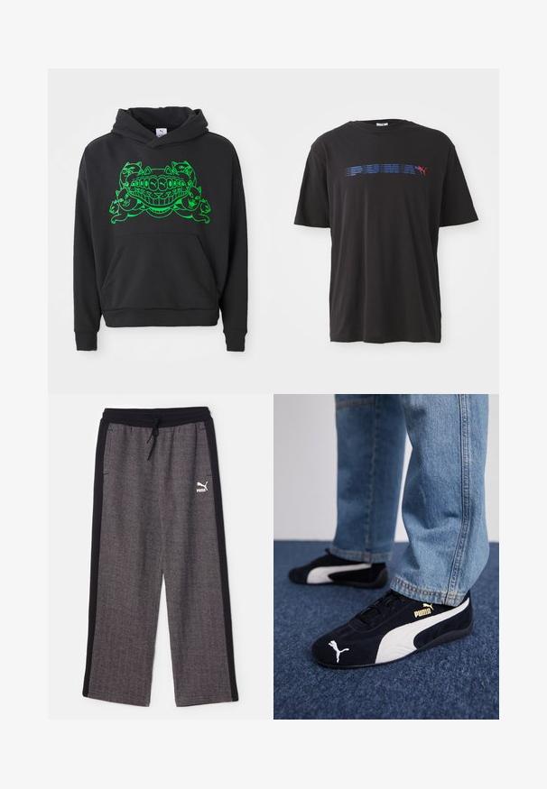 Schwarzer Hoodie mit grünem Grafikdesign, das stilisierte Katzen und einen lächelnden Mund zeigt; enthält eine Front-Kängurutasche und gerippte Bündchen.; Schwarzes Baumwoll-T-Shirt mit einem blauen horizontalen Streifen und dem Wort "PUMA" sowie einem roten Logo eines springenden Pumas auf der Vorderseite. Kurze Ärmel.; Puma RELAXED TRACK PANTS - Jogginghose - black/alpine snow; Schwarze Wildledersneaker mit weißen Akzenten und einem goldenen Logo. Getragen mit hellblauen Jeans und auf einer strukturierten blauen Oberfläche platziert.
