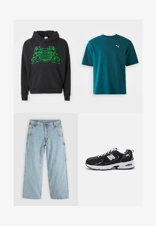 Sort hoodie med et grønt grafikdesign, der har styliserede katte og en smilende mund; inkluderer en front kangaroo-lomme og ribbede manchetter.; Teal bomulds t-shirt med korte ærmer, rund hals og et hvidt Puma-logo på venstre bryst; glat tekstur og regular fit.; Lyseblå straight-leg denim jeans med forlommer, bæltestropper, knaplukning og en sidelomme til værktøj.; Sorte og grå sportssko med mesh og ruskind på overdelen, der har en hvid mellemsål, snørebånd og et iøjnefaldende "N" logo på siden.