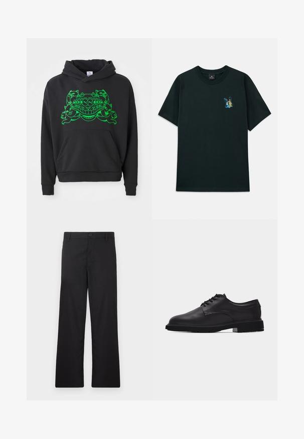 Schwarzer Hoodie mit grünem Grafikdesign, das stilisierte Katzen und einen lächelnden Mund zeigt; enthält eine Front-Kängurutasche und gerippte Bündchen.; Schwarzes T-Shirt mit kurzen Ärmeln und einem kleinen bunten pixelierten Hasenmotiv auf der linken Brust sowie einem Rundhalsausschnitt.; Schwarze Hosen mit geradem Bein, hergestellt aus glattem Stoff. Mit einer vorderen Knopfverschluss und ohne sichtbare Muster oder Akzente.; Schwarzer Herrenschuh aus Leder mit Schnürung, glatter Oberfläche und dicker Gummisohle, im Profil auf weißem Hintergrund gezeigt.
