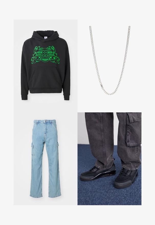 Schwarzer Hoodie mit grünem Grafikdesign, das stilisierte Katzen und einen lächelnden Mund zeigt; enthält eine Front-Kängurutasche und gerippte Bündchen.; Helle blaue Denim-Cargohosen mit weitem Bein, ausgestattet mit zwei seitlichen Cargotaschen und einem klassischen Knopfverschluss. Strukturierter Stoff mit ausgewaschenem Finish.; Schwarze Sportschuhe mit einer strukturierten Oberfläche, glatten Akzenten und einer chunky Sohle, kombiniert mit dunklen, lässig sitzenden Cargo-Hosen.; Silberne Kettenhalskette mit ineinandergreifenden Gliedern, glatter Textur und einheitlicher rechteckiger Form. Sicherer Verschluss.