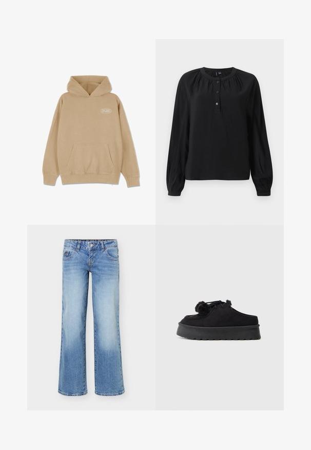 Beige hættetrøje med en frontlomme, snørelukning i hætten og ribbede manchetter og kant. Har et lille hvidt logo på venstre side.; Sort langærmet bluse med rund halsudskæring, tre-knaps placket og subtile samlinger ved skuldre og manchetter.; Lyseblå denimjeans med en let vidde i benene, femlommefacon og knap- og lynlåslukning foran.; Sorte ruskind slip-on sko med en tyk gummisål, rund tå, dekorative pomponer og syede detaljer.