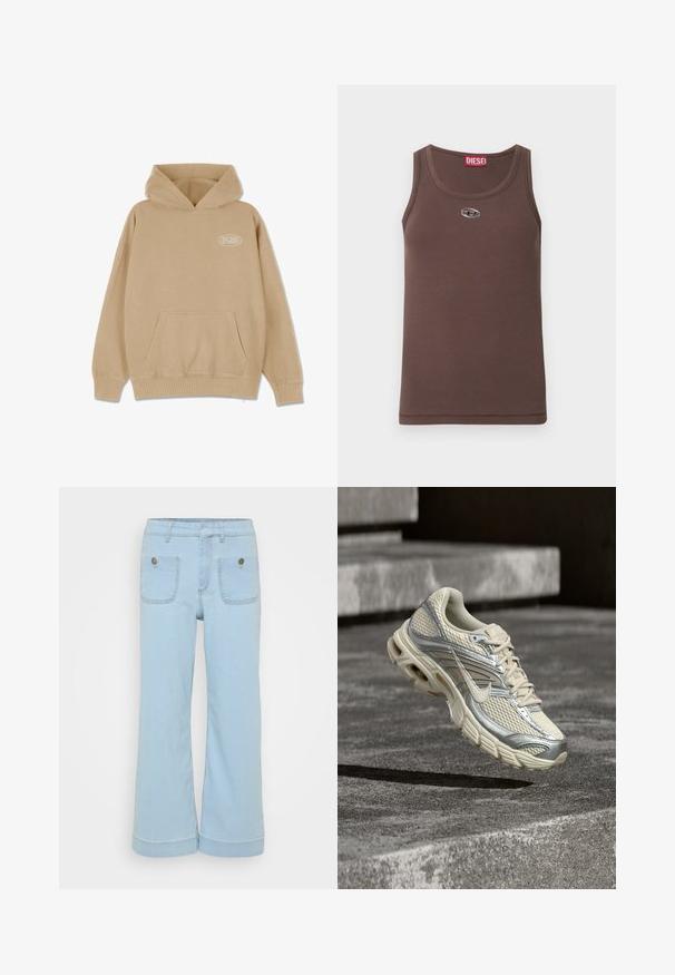 Beige hættetrøje med en frontlomme, snørelukning i hætten og ribbede manchetter og kant. Har et lille hvidt logo på venstre side.; Brun ribbet tanktop lavet af blødt materiale med rund halsudskæring, med en lille sølvfarvet logo på brystet og et rødt mærke ved kraven.; Lyseblå jeans med bred bendesign, der har to forlommer og to baglommer, lavet af denim med synlige syninger.; Beige og sølv Nike løbesko med mesh og snøredetaljer, svævende over betontrin.