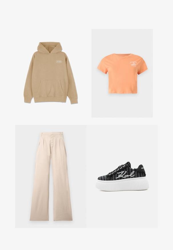 Beige hættetrøje med en frontlomme, snørelukning i hætten og ribbede manchetter og kant. Har et lille hvidt logo på venstre side.; Ferskenfarvet cropped T-shirt med korte ærmer, rund hals og hvidt "Billabong Surf Club" logo på øverste venstre bryst.; Beige vide bukser lavet af bomuld, med bukser foran og en glat tekstur. Designet inkluderer en standard talje og ingen synlig mønster.; Sort ternet sneaker med tyk hvid rillet platformsål, hvid "Karl" broderi på siden og flossede stofkanter.