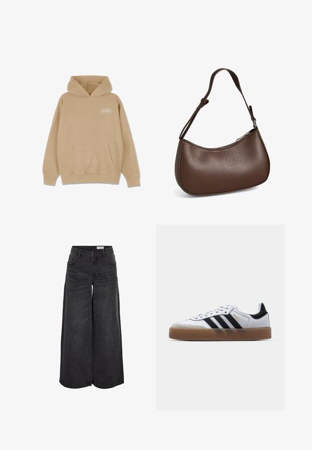 Beige hættetrøje med en frontlomme, snørelukning i hætten og ribbede manchetter og kant. Har et lille hvidt logo på venstre side.; Bredde ben sorte denimshorts med høj talje, forlommer og subtil tekstur; designet til en afslappet pasform.; Hvide lædersneakers med sorte striber, gummirubber sål, rund tå, snørelukning og blød grå ruskinds tåhætte.; Lille brun skuldertaske i læder med justerbar rem og lynlåslukning, vist mod hvid baggrund. Ingen synligt branding eller dekorationer.