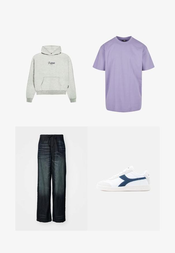 PROHIBITED GARMENT - Kapuzenpullover - greymelange; Helllila Baumwoll-T-Shirt mit Rundhalsausschnitt, kurzen Ärmeln und lockerer Passform. Keine sichtbaren Muster oder Akzente.; Weite Jeans mit allmählichem Farbverlauf in dunklem Denim. Verfügt über einen elastischen Bund mit Kordelzug. Glatte Textur mit dezenten Abnutzungsspuren.; Weißer Sneaker mit marineblauen Wildlederakzenten und Gummisohle. Verfügt über ein glattes Lederobermaterial und eine strukturierte Zehenkappe. Schnürdesign.