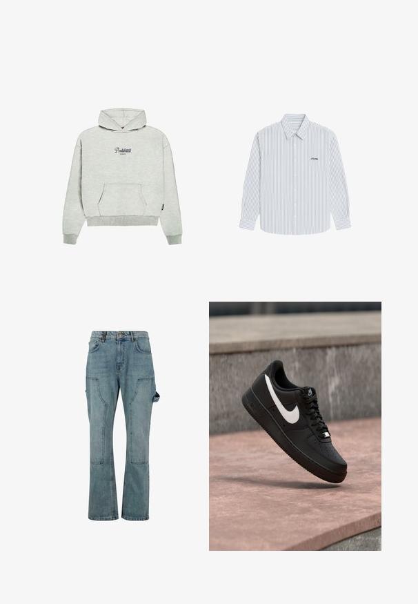 PROHIBITED GARMENT - Hoodie - greymelange; Witte blouse met lange mouwen met dunne blauwe verticale strepen en klein zwart geborduurd logo op de linkerborst.; Lichtblauwe denim cargobroek met een rechte pijpdesign, met meerdere zakken en een knoopsluiting bij de taille.; Zwarte Nike Air Force 1 sneaker met wit swoosh-logo zwevend boven een stenen oppervlak en een grijze, getextureerde muur op de achtergrond.