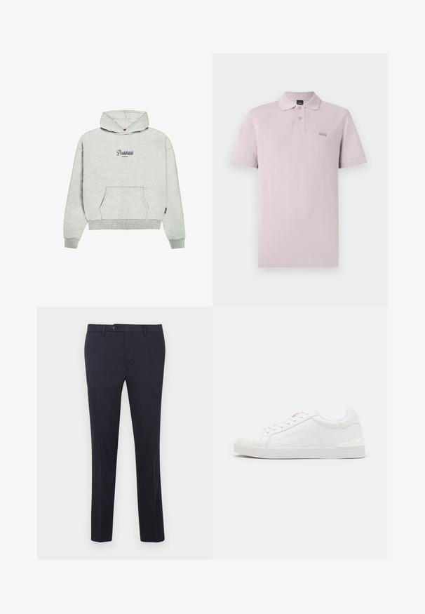 PROHIBITED GARMENT - Hoodie - greymelange; Polo met korte mouwen in lichtpaars, gemaakt van gestructureerde stof. Voorzien van een klassieke kraag, een knopenlijst met twee knopen en een subtiel logo op de borst.; Marineblauwe katoenen broek met een rechte pasvorm, voorzien van een knoopsluiting, riemlussen en zonder zichtbare patronen of accenten.; Witte synthetische sneakers met een gladde textuur, ronde neus, vetersluiting aan de voorkant, subtiele stikdetails en rubberen zolen. Geaccentueerd met lichtblauw rond de kraag.