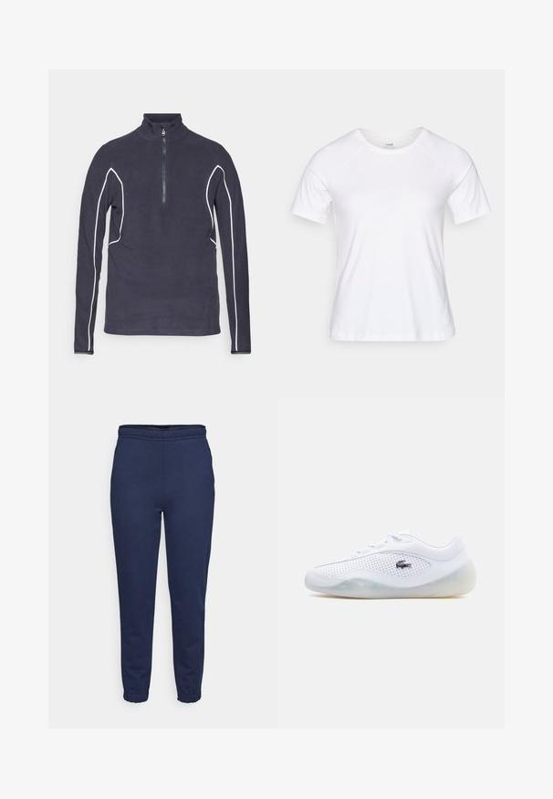 Tumesinine tõmblukuga fleece pullover kõrge kaelusega, millel on valged kontrastsed õmbluspaelad ja metallist tõmblukk. Sile tekstuur.; Valge lühikeste varrukatega T-särk, mis on valmistatud pehmest puuvilla segumaterjalist, ümmarguse kaeluse ja raglan varrukatega, sile tekstuur ilma mustrita.; Tumesinised dressipüksid elastse vöökoha ja pahkluuäärega, eestvaade, valmistatud pehmest kangast igapäevaseks kandmiseks.; Valged madala lõikega tossud õhukeste külgedega, läbipaistev tald, paelad ja must Lacoste krokodillilogo väljaspool.