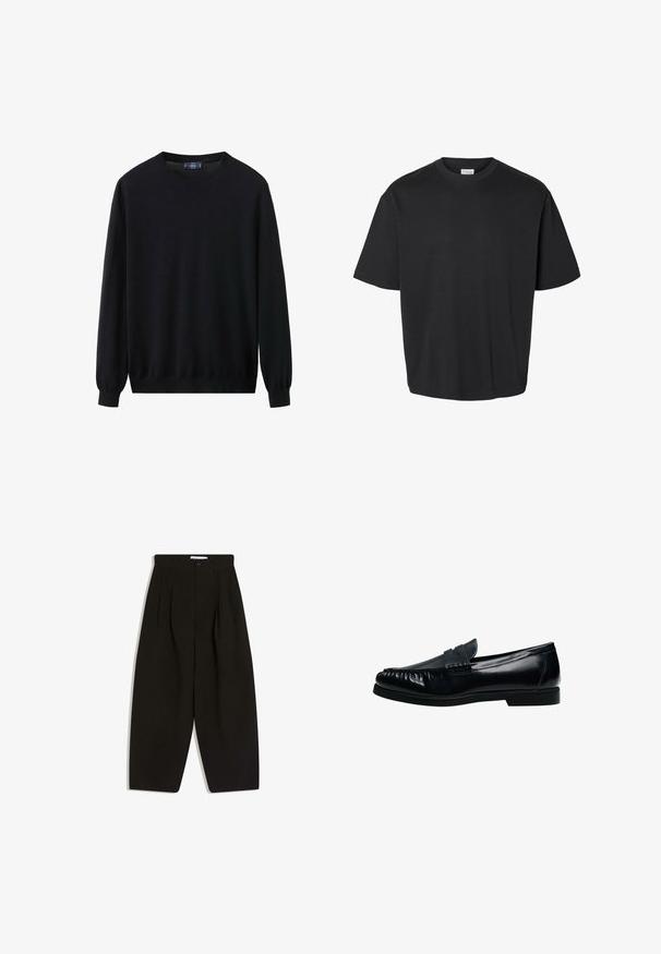 Pull noir en tissu tricoté doux. Il présente un col rond, des manches longues avec des poignets côtelés, et un ourlet droit. Design simple, sans motifs.; T-shirt noir à manches courtes avec col rond, coupe décontractée et une étiquette blanche visible à l'intérieur du col.; Pantalon noir à jambes larges en tissu doux, avec un devant plissé, une fermeture à boutons et des poches latérales pour plus de fonctionnalité.; Mocassin penny loafer pour homme en cuir noir avec bout moc cousu et petit talon, présenté de profil sur fond blanc.