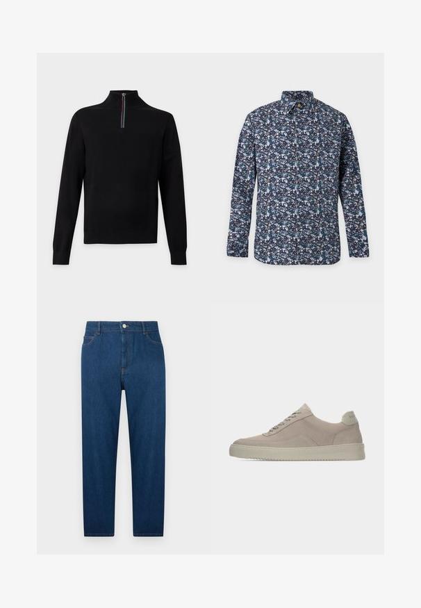 Pull noir à manches longues avec un col montant et une courte fermeture éclair avec des rayures rouges, blanches, vertes et bleues.; Chemise à manches longues boutonnée avec un motif floral bleu, blanc et bleu sarcelle sur un fond sombre, avec un col pointu.; Jean droit en denim bleu foncé avec bouton et fermeture éclair à l'avant, design à cinq poches et coutures visibles à la taille et sur les poches.; Baskets en daim beige avec une finition texturée, un bout arrondi et des lacets ton sur ton. Elles présentent une semelle en caoutchouc épaisse et un branding discret sur le talon.