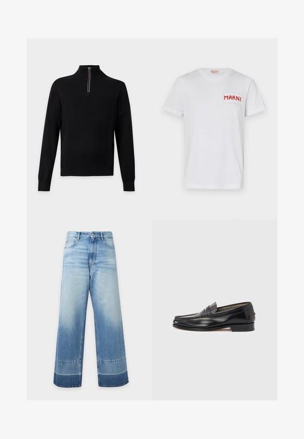 Pull noir à manches longues avec un col montant et une courte fermeture éclair avec des rayures rouges, blanches, vertes et bleues.; T-shirt en coton blanc avec une poche rouge brodée portant "MARNI" sur le côté gauche de la poitrine et des manches courtes. Texture lisse, col rond classique.; Jean en denim bleu clair à coupe large avec des détails délavés et des blocs de couleur plus foncés près de l'ourlet, bouton devant et poches visibles.; Mocassins en cuir noir avec un design de style mocassin, présentant une bande décorative et un détail de couture sur le dessus. Talon bloc bas.