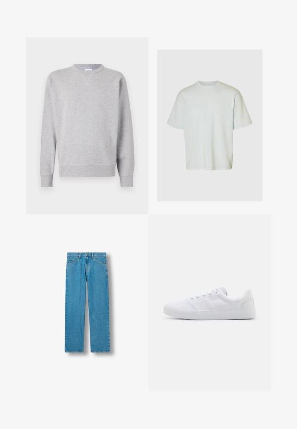 Hall grey särk, mis on valmistatud pehmest kangast, omab ümmargust kaelust, pikki varrukaid, soonikuid mansetid ning sirget allääret. Ei ole nähtavaid mustreid ega graafikat.; Selected SLMLOOSEOSCAR - Lihtne T-särk - ice melt; Sinised sirge säärega teksapüksid ees nööp- ja tõmblukuga, vööaasad ning ees- ja tagataskud.; Valged kangast dressikingad kummist tallaga, kuue paelakohaga, tekstureeritud varbakattega ja minimalistliku disainiga.
