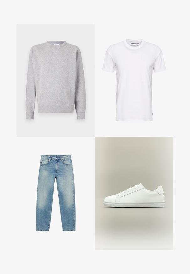 Sweatshirt gris en tissu doux, avec un col rond, des manches longues, des poignets côtelés et un ourlet droit. Aucune motif ni graphique visible.; T-shirt blanc à manches courtes en coton, avec un col rond et un design simple. Étiquette de marque visible au niveau du cou. Aucun motif ni accent.; Jean droit en denim bleu avec poches avant et passants de ceinture, présentant des détails légèrement décolorés sur les cuisses et les genoux.; Baskets blanches basses à lacets sur l'avant avec semelle en caoutchouc texturée, sur fond neutre uni.