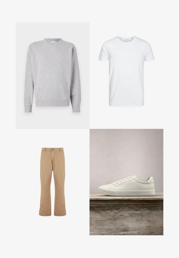 Grå sweatshirt lavet af blødt stof, med rund halsudskæring, lange ærmer, ribbede manchetter og lige kant. Ingen synlige mønstre eller grafik.; Rundhals kortærmet t-shirt i ensfarvet hvid, lavet af blød bomuld, har et simpelt design uden synlige mønstre eller detaljer.; Beige bomuldsbukser med lige pasform, der har knaplukning, forlommer og en glat tekstur.; Hvide snørresneakers svævende over en træbænk med grønne planter i baggrunden, der fremhæver skodesign og tekstur.
