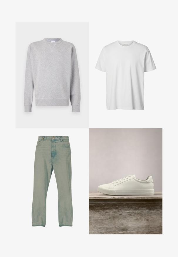 Hall grey särk, mis on valmistatud pehmest kangast, omab ümmargust kaelust, pikki varrukaid, soonikuid mansetid ning sirget allääret. Ei ole nähtavaid mustreid ega graafikat.; Lihtne valge lühikeste varrukatega ümara kaelusega t-särk, lõdva istuvusega, esiküljel pole nähtavaid logosid või mustreid.; Hele sinised sirge lõikega teksapüksid esinupu, vööaasade ja esitaskutega, valgel taustal.; Valged nööpidega ketsid, mis hõljuvad puidust pingil rohelise lehestiku taustal, näidates uue disaini ja tekstuuri.