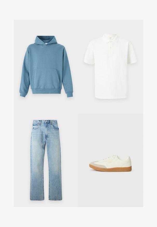 Blå bomulds hoodie med en frontlomme, lange ærmer og hætte med snor. Glat tekstur og ribbede manchetter ved kanten og ærmerne.; Hvid polo shirt lavet af bomuld med klassisk krave, korte ærmer, to-knap lukning og subtilt tekstureret stof.; Lysblå denimjeans med brede lige ben, fem lomme-design og bæltestropper i taljen. Stoffet har en let falmet tekstur.; Sneaker lavet af hvid læder med en beige tåhætte og let brunt gummisål. Har flade hvide snørebånd og prægede branding på siden.