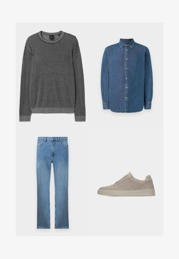 Suéter gris de punto con un patrón texturizado, escote redondeado y puños de canalé. Confeccionado con un material suave y ligero.; Camisa de mezclilla, azul oscuro, de mangas largas, con cuello clásico, botones en la parte frontal y un dobladillo recto. La textura de la tela parece suave con un ligero brillo.; Vaqueros de mezclilla azul claro con corte recto, cinco bolsillos, cierre con cremallera y costuras en contraste. La tela tiene un acabado liso y texturizado.; Zapatillas deportivas de ante beige con acabado texturizado, puntera redondeada y cordones tono sobre tono. Cuenta con una suela de goma gruesa y una sutil marca en el talón.