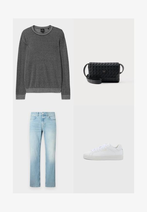 Grå strikket sweater med et tekstureret mønster, rund halsudskæring og ribbede manchetter. Lavet af et blødt, let materiale.; Lysblå denimjeans med lige ben, der har et klassisk femlomme-design og en knappelukning.; Hvide sneakers i lav model og læder med rund snude, flade snørebånd, tekstureret sål og diskret guldfarvet logo på siden. Glat overflade og minimalistisk design.; Sort tekstureret crossbodytaske med klaplukning og et lille metallogo foran, vist mod en ensfarvet baggrund.