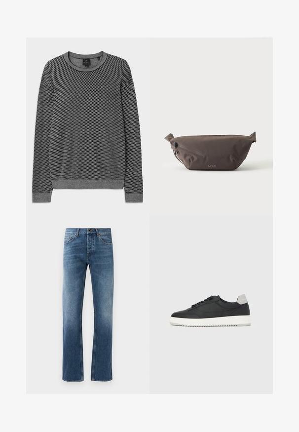 Suéter gris de punto con un patrón texturizado, escote redondeado y puños de canalé. Confeccionado con un material suave y ligero.; Pantalones vaqueros de denim azul con un diseño de pierna recta, lavado desgastado, cinco bolsillos y costuras en contraste. Cierre de botón y cremallera en la cintura.; Zapatilla deportiva negra de caña baja con suela blanca y lengüeta gris en el talón, vista lateral sobre un fondo blanco liso.; Riñonera de tela marrón oscuro con bolsillo diagonal con cremallera y pequeño logo blanco en el frontal, sobre un fondo liso y claro.