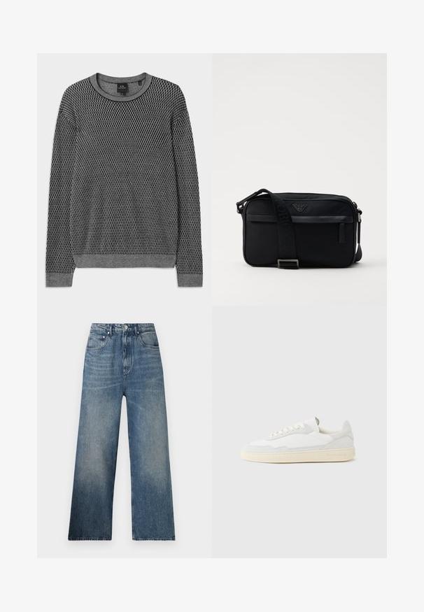 Suéter gris de punto con un patrón texturizado, escote redondeado y puños de canalé. Confeccionado con un material suave y ligero.; Jeans de mezclilla azul de pierna ancha con cintura alta, que presentan un desgaste sutil, cinco bolsillos y un cierre de botón metálico en la parte delantera.; Zapatilla blanca con parte superior texturizada de ante y cuero. Presenta una puntera redondeada, cierre con cordones y suela de goma beige contrastante.; Bolso de hombro negro de nailon con una correa de contraste, forma rectangular elegante, detalle del logo y un bolsillo con cremallera en la parte frontal.