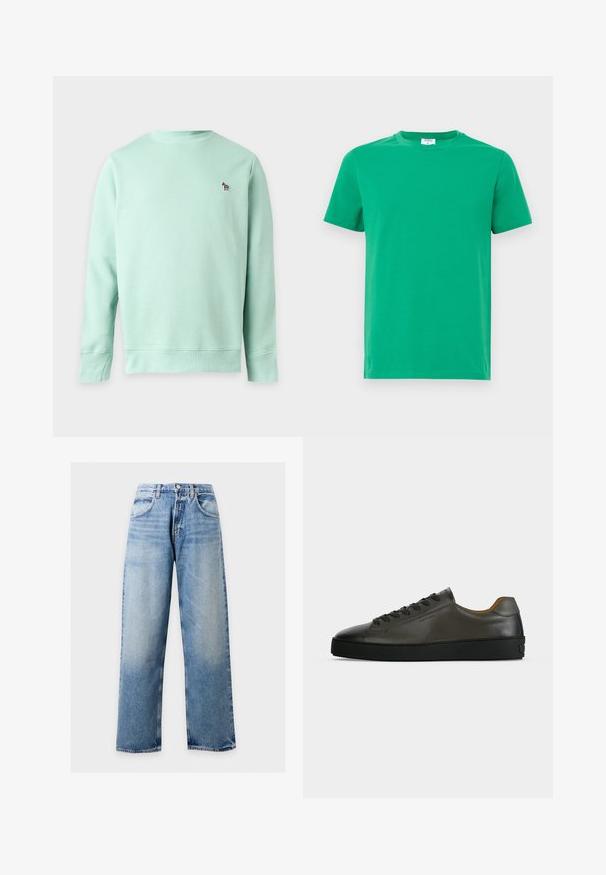 Sweat-shirt vert clair à manches longues avec encolure ronde et petit logo zèbre brodé sur la poitrine gauche.; T-shirt en coton vert à manches courtes, col rond et texture lisse. Design simple sans motifs ni embellissements.; Jean en denim bleu clair à jambes larges avec poches avant, passants de ceinture et fermeture par bouton sur un fond uni.; Basket basse en cuir gris foncé avec lacets et semelle noirs, design minimaliste, profil latéral sur un fond clair uni.