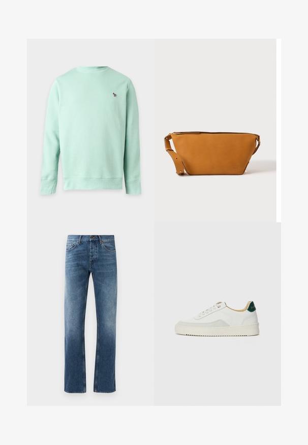 Sweat-shirt vert clair à manches longues avec encolure ronde et petit logo zèbre brodé sur la poitrine gauche.; Jean en denim bleu avec une coupe droite, délavé, cinq poches et coutures contrastées. Fermeture à bouton et zip à la taille.; Baskets blanches avec des accents en daim, bout arrondi, lacets plats et semelle en caoutchouc crème. Présente une marque verte sur le talon.; Sac bandoulière en cuir marron clair avec sangle réglable et fermeture éclair, présenté sur un fond clair uni.