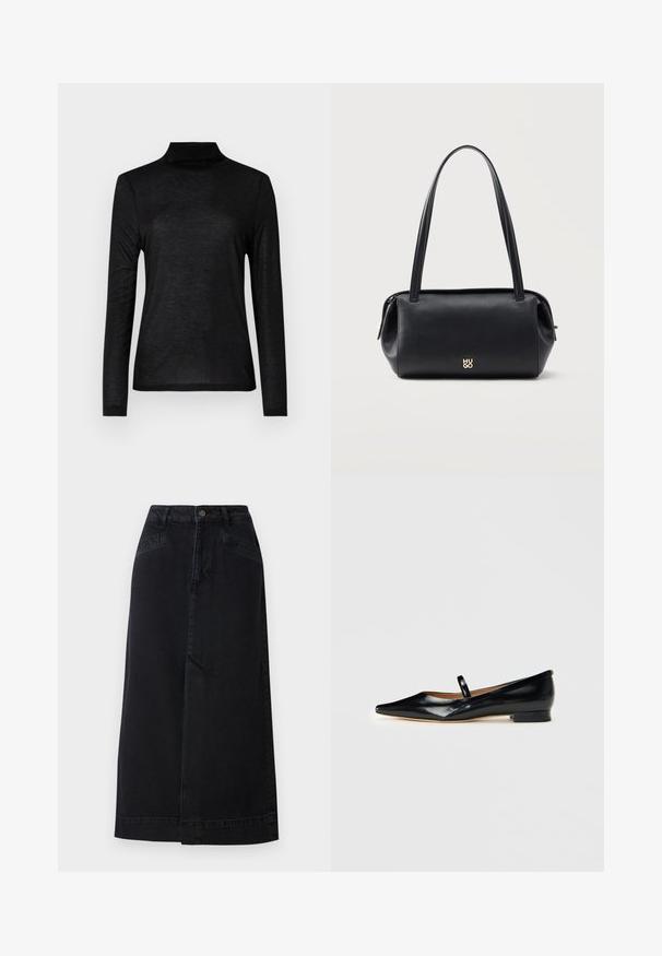 Sort langærmet turtleneck top lavet af et glat, let stof. Har en tætsiddende pasform med en høj halsudskæring og uden mønster.; Sort denim midi nederdel med en lige pasform, frontlukning med knapper og sidelommer med diskrete syninger.; Sorte patenterede læder Mary Jane flade sko med spids tå, én rem og lav hæl på ensfarvet baggrund.; Sort læder rektangulær skuldertaske med lange remme og lille gyldent "HUGO" logo foran i midten.