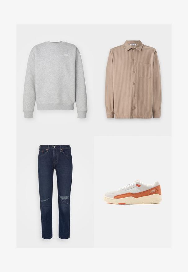 Grå crewneck sweatshirt lavet af fleece-materiale, med ribbede manchetter og kant, samt et lille hvidt logo på brystet.; Beige knap-op skjorte med en stribet tekstur, der har krave, lange ærmer og en brystlomme. Fremstillet af blødt stof.; Levi's® 502™ TAPER HI BALL - Jeans Straight Leg - dark indigo rinse; Lavtopsneaker med hvid mesh og ruskindsoverdel, lyse orange læderdetaljer, cremet sål og teksten "Flight" på hælkappen.