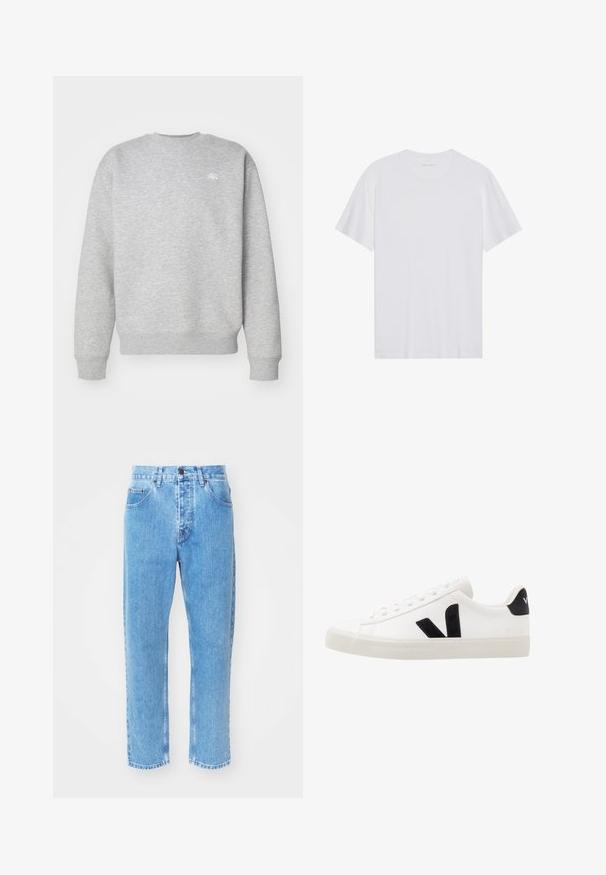 Grijze sweatshirt met ronde hals, gemaakt van fleece, voorzien van ribgebreide boorden en onderrand, met een klein wit logo op de borst.; Witte katoenen T-shirt met korte mouwen, een ronde hals en een gladde textuur. Heeft minimale branding op de halslijn.; Lichtblauwe denim jeans hebben een rechte pijpdesign, vijf zakken en een klassiek knoopsluiting bij de taille.; Witte leren sneaker met zwarte suède accenten; voorzien van een rubberen zool, ronde neus en een klassieke vetersluiting. Zijkant met logo in het zwart.